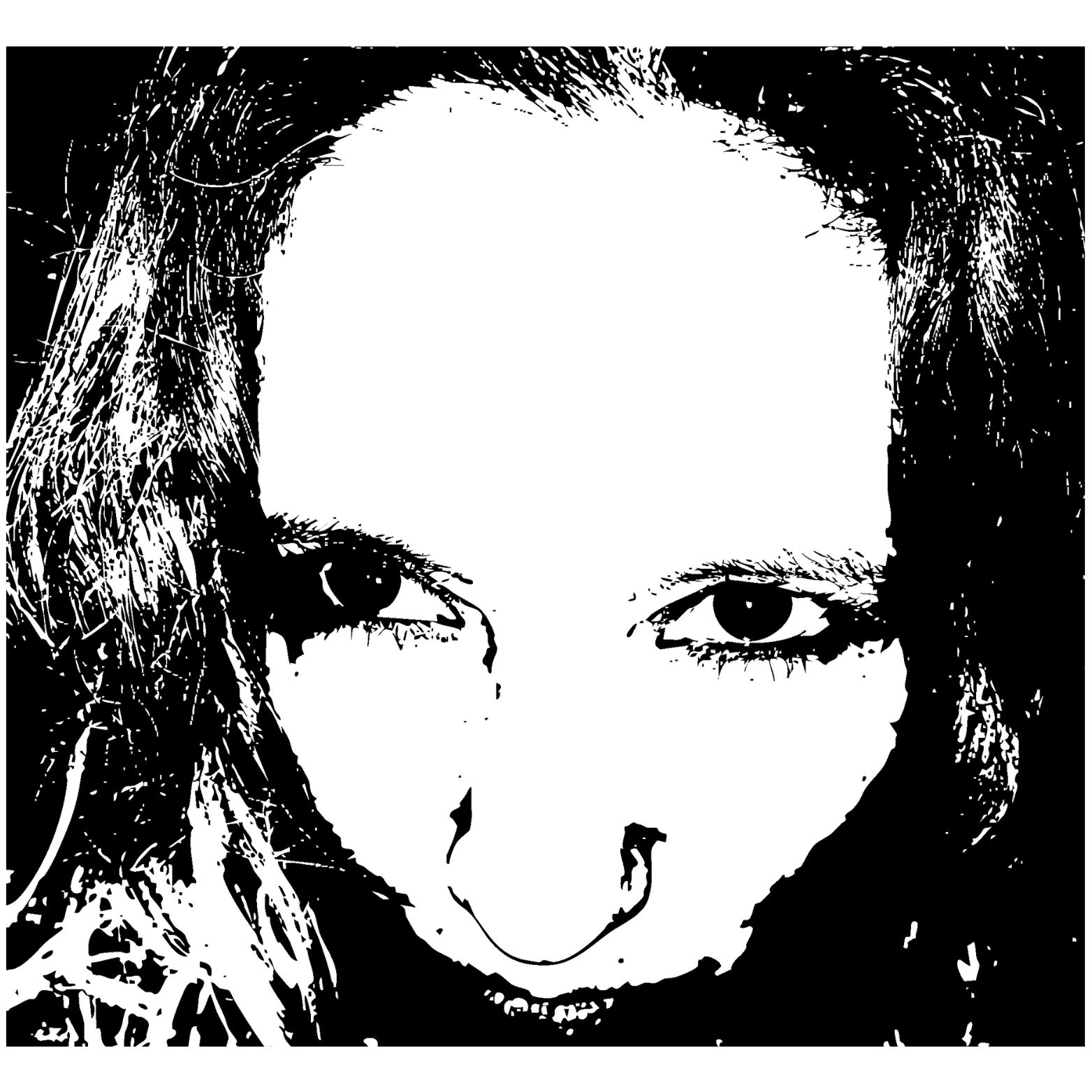 white pic of lady with curly hair